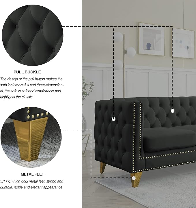mikibama 80.5" Velvet 3 Seater Sofa Couch for Living Room,Button Tufted 3-Seat Couches with Nailhead Trims,Modern Upholstered Sofas with Golden Metal Legs for Bedrooom,Office