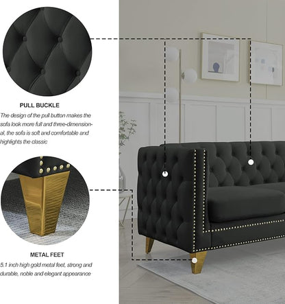 mikibama 80.5" Velvet 3 Seater Sofa Couch for Living Room,Button Tufted 3-Seat Couches with Nailhead Trims,Modern Upholstered Sofas with Golden Metal Legs for Bedrooom,Office