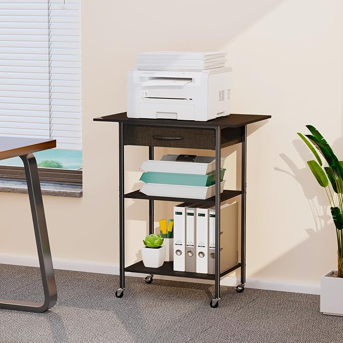 Arbuxzuy 3-Tier Printer Stand, Printer Table with Fabric Drawer, Industrial Printer Storage Cart with Wheels, Rolling Printer Stand for Heat Press Scanner Fax, Black