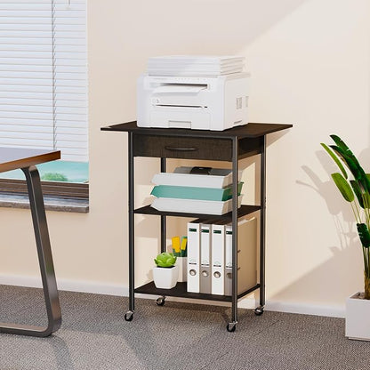 Arbuxzuy 3-Tier Printer Stand, Printer Table with Fabric Drawer, Industrial Printer Storage Cart with Wheels, Rolling Printer Stand for Heat Press Scanner Fax, Black