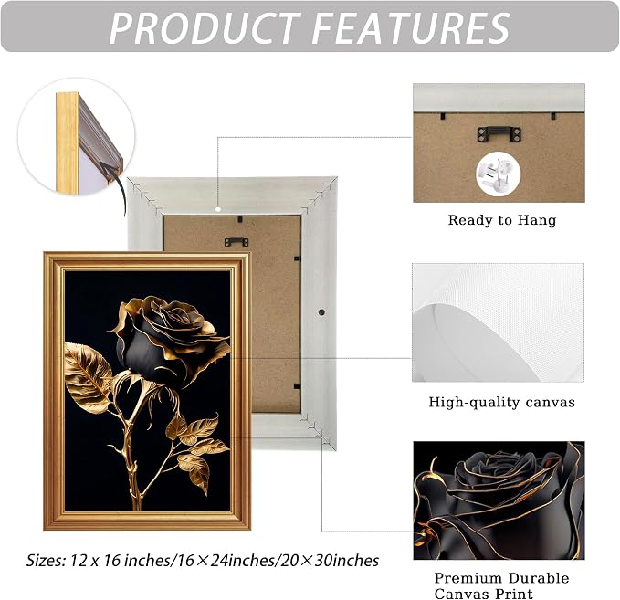 ICHZUMW Black and Gold Wall Decor, Gold Framed Glam Rose Canvas Wall Art, Set of 3 Ready to Hang Fade Resistant Floral Prints with Moody Dark Academia Aesthetic for Bedroom Living Room, 16x24 Inches