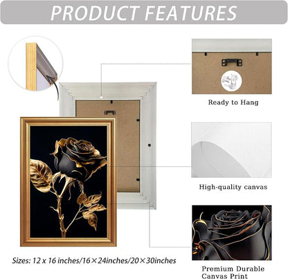 ICHZUMW Black and Gold Wall Decor, Gold Framed Glam Rose Canvas Wall Art, Set of 3 Ready to Hang Fade Resistant Floral Prints with Moody Dark Academia Aesthetic for Bedroom Living Room, 20x30 Inches