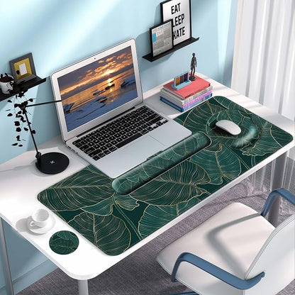Desk Mat Set + Keyboard and Mouse Pad with Wrist Rest Support,4-in-1 Large Mousepad Computer Mats for Desktop Home & Office-Green Leaves