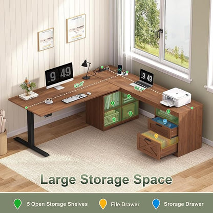 YOMILUVE Farmhouse L Shaped Standing Desk, 66 inch Corner Electric Standing Desk with Drawers ＆ Storage Shelves, Height Adjustable Computer Desk with Power Outlets for Home Office (Brown)