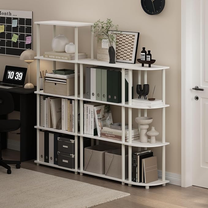 Furinno Turn-N-Tube Storage Shelves, 4-Tier Toolless Book Shelf, Corner Shelf, Toolless Open Shelves, for Organization and Storage, Living Room, Garage, Home Office, White