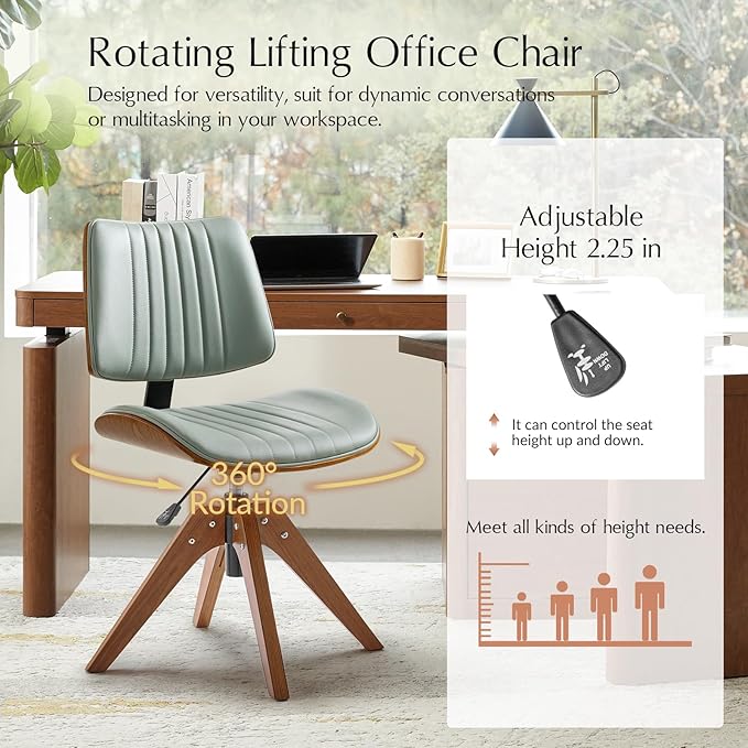 HULALA HOME Faux Leather Home Office Chair with Solid Wood Legs, 360° Swivel Desk Chair No Wheels with Bentwood Design, Mid-Century Modern Wide Seat Computer Task Chair, Sage