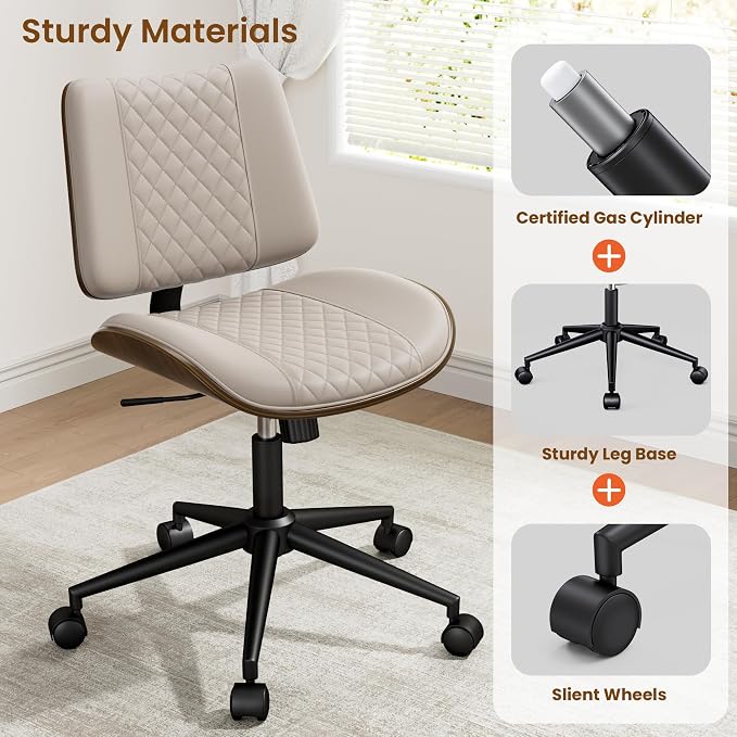 REONEY Home Armless Office Chair, Modern Walnut Desk Chair with Wheels, Adjustable Swivel Rolling Task Chair with Curved Back for Reading,Meeting Room,Beige