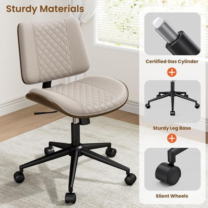 REONEY Home Armless Office Chair, Modern Walnut Desk Chair with Wheels, Adjustable Swivel Rolling Task Chair with Curved Back for Reading,Meeting Room,Beige