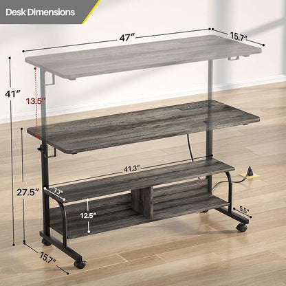 Armocity Rolling Standing Desk with Charging Station, Portable Height Adjustable Mobile Computer Desk with Wheels & 2-Tier Shelves & Hooks, Easy Assembly Laptop Table for Couch Bed, 47" Grey Oak
