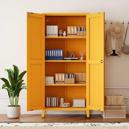 Metal Storage Cabinet with Lock,Yellow Steel Tool Cabinet with 3 Adjustable Shelves,61 Tall Freestanding Heavy Duty Garage Locker for Home Office Kitchen 61" H X 27.6" W X 13.8" D