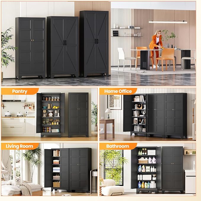 71" Tall Kitchen Cabinet Storage Unit With 2 Doors and 4 Adjustable Shelves, Metal Black Freestanding Cupboard, 5 Tier Kitchen Pantry Storage Cabinet for Kitchen Dining/Living Room/Garage/Home/Office