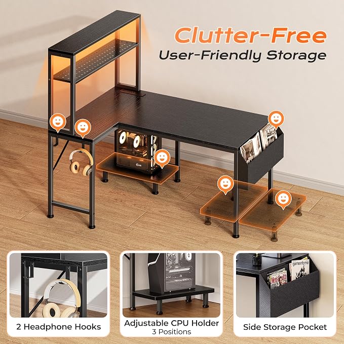 PRAISUN L Shaped Gaming Desk with LED Lights & Power Outlets, Reversible Computer Desk with Storage Shelves & Bag, Small Corner Home Office Desk with Pegboard for Work from Home, Black