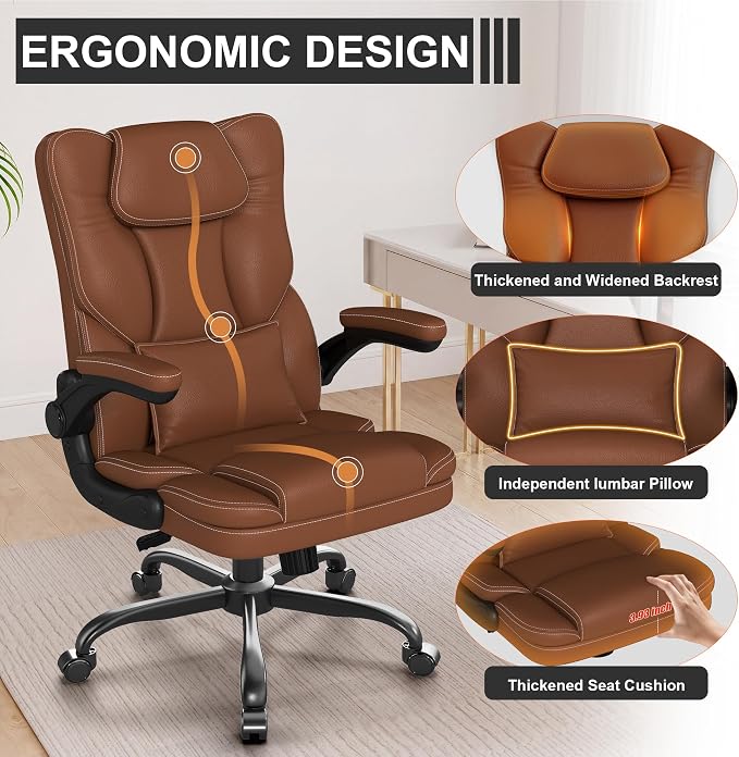 Ergonomic Office Chair with Flip-Up Armrests, Mid Back Executive PU Leather Desk Chair, Height Adjustable with Lumbar Support, Rocking & Swivel Computer Chair for Home Office