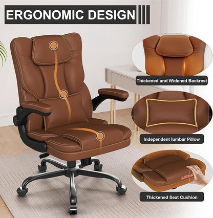Ergonomic Office Chair with Flip-Up Armrests, Mid Back Executive PU Leather Desk Chair, Height Adjustable with Lumbar Support, Rocking & Swivel Computer Chair for Home Office
