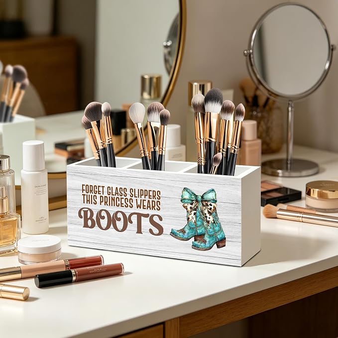 Coquette Turquoise Cow Bow Western Cowgirl Makeup Brush Toothbrush Holder for Girls Bathroom Room Dorm, Cowgirl Cowboy Gifts Wood Signs Pen Pencil Holder Organizer Office Desk Accessories