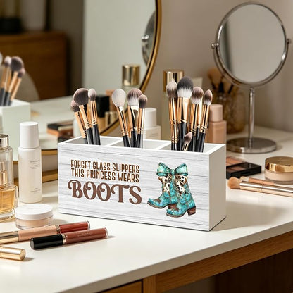 Coquette Turquoise Cow Bow Western Cowgirl Makeup Brush Toothbrush Holder for Girls Bathroom Room Dorm, Cowgirl Cowboy Gifts Wood Signs Pen Pencil Holder Organizer Office Desk Accessories