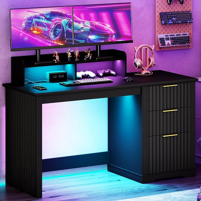 Lareth Computer Desk with Monitor Stand, 47 inch Home Office Desk with RGB LED Lights and Power Outlets, Writing Desk with Storage File Drawer for Working Gaming Writing, Black