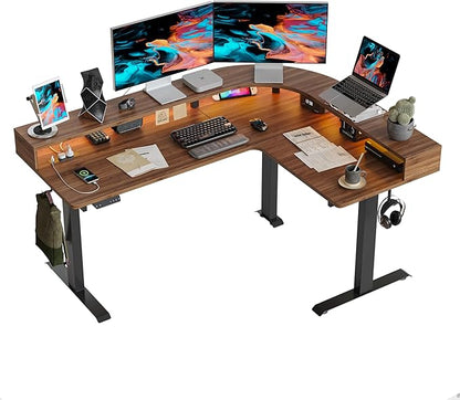 FEZIBO 63"x49" L Shaped Standing Desk with Arc LED & Power Outlet, Electric Height Adjustable L Shaped Desk with Monitor Stand, for Gaming Office, Black Walnut（2 Packages）