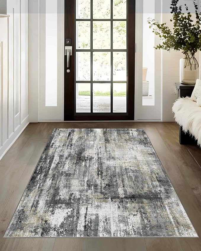 Latte&Fog 3x5 Entryway Rug, Vintage Washable Area Rug, Boho Non Slip Low Pile Throw Carpet for Indoor Bedroom Bedside, Kitchen, Entry and Living Room - Black Gold
