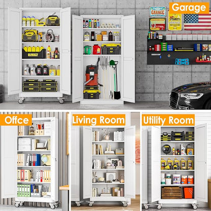 PAOFIN 71''H Tall Metal Garage Storage Cabinet with Wheels,Steel File Cabinets with 2 Doors and 4 Adjustable Shelves for Home Office, Warehouse, Required Assembly,White