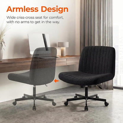 Orange Factory Criss Cross Chair Wheels Vanity Chair Office Desk Comfy Wide Cross Legged Armless Teddy Fabric Adjustable Swivel for Home Computer Task (Black, Teddy Fleece)