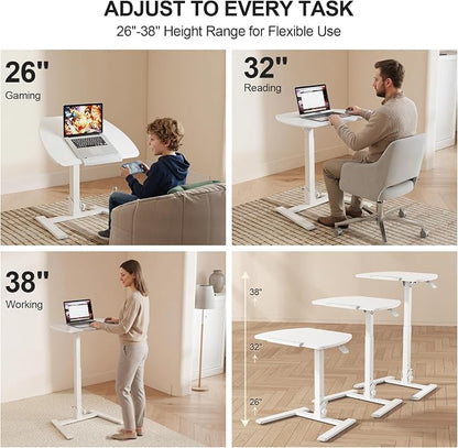 ROMOON Folding Small Standing Desk with Wheels, No-Assembly Portable Sit-Stand Laptop Cart, Adjustable Height Rolling Space Saving Workstation for Home Office, Small Space (White)