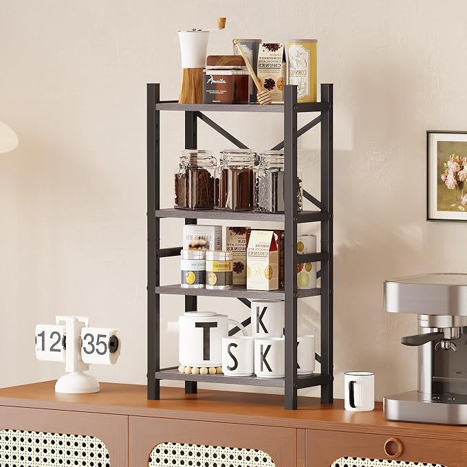 2-Pack Desktop Bookshelf, 4-Tier Stackable Narrow Bookcase, Adjustable Industrial Desk Organizer & Hutch - Rustic Brown Wood Desktop Book Organizer for Living Room, Bedroom & Home Office