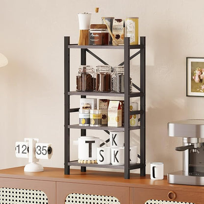 Desktop Bookshelf, 4-Tier Stackable Narrow Bookcase, Adjustable Industrial Desk Organizer & Hutch - Rustic Brown Wood Desktop Book Organizer for Living Room, Bedroom & Home Office