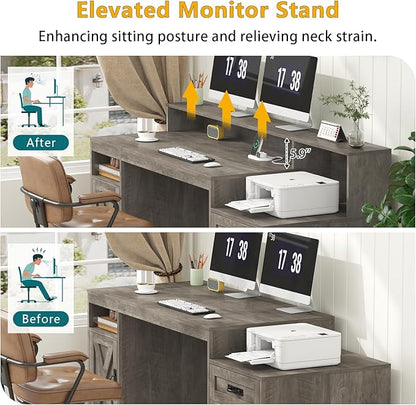 TVU Farmhouse Computer Desk with Drawers, 65'' Home Office Desk with Power Outlets, Storage Cabinet and Printer Stand, Study Writing Desks with Long Monitor Stand, Grey