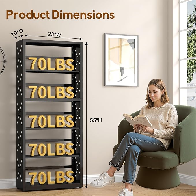 UNICOLY 5 Tier Black Bookshelf, 55" H Tall Bookshelf with 5 Storage Shelves, Heavy Duty Deep Shelves, Open Shelf Bookcase with 5 Bookends, Modern Display Shelves for Books, Toys, CD, W23×D10“