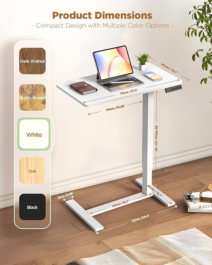 Overbed Bedside Table with Wheels, Electric Standing Desk Adjustable Height, Small Computer Desk for Home Office, Rolling Laptop Desk for Bed, Sofa, or Hospital Use (28"x16",White)
