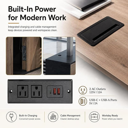 SAINTCY 78.74In L Shaped Executive Standing Desk with Drawers, Large Modern Adjustable Heigh Home Office Desk w/Universal Charging Ports, Business Workstation, Black and Warm Oak