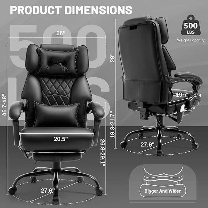 3D Kneading Massage Office Chair with Foot Rest,Executive Office Chairs,Ergonomic Desk Chair for Heavy People,Big and Tall Office Chair 500LBS,Recliner with Dual-Use Pillow,Blackpu