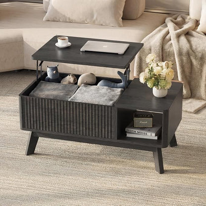 Wood Lift Top Coffee Table with Hidden Compartment and Large Storage Shelf, Lift Tabletop Dining Center Table for Home Living Room Office,Black