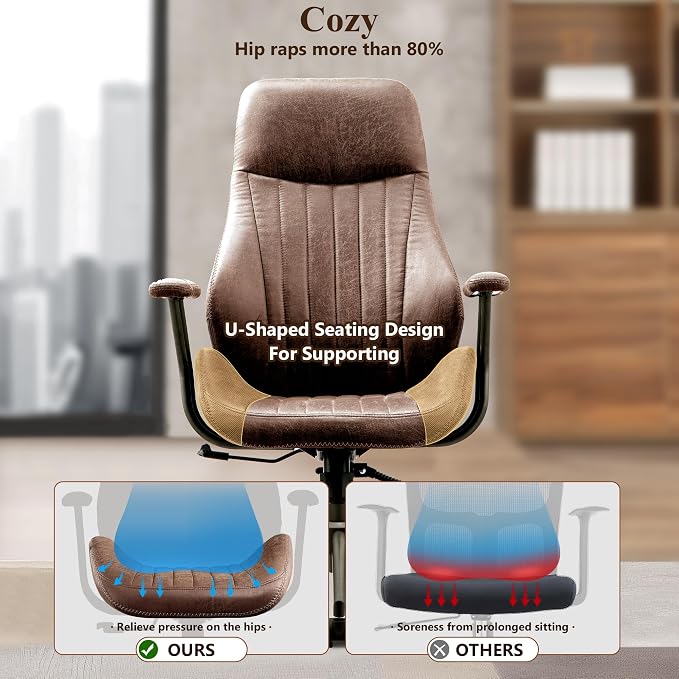 Mid Century Modren Office Chair,High Back Ergonomic Executive Chair with Lumbar Support, Computer Desk Swivel Task Chair with Wheels, Faux Lether Suede Fabric Home Chair (Dark Brown)