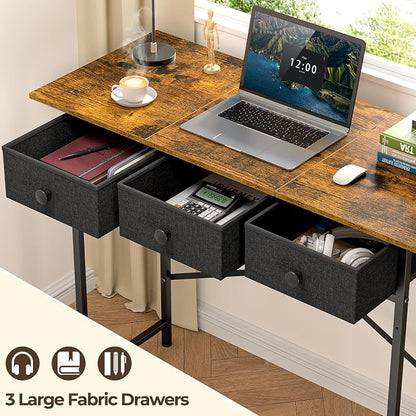 Small Writing Desk with 3 Drawers for Bedroom, 37.2 Inch Computer Desk for Small Spaces, Simple Desk with Drawers for Kids Bedroom, Home Office, Dorm, Living Room, Home Study Table, Rustic Brown