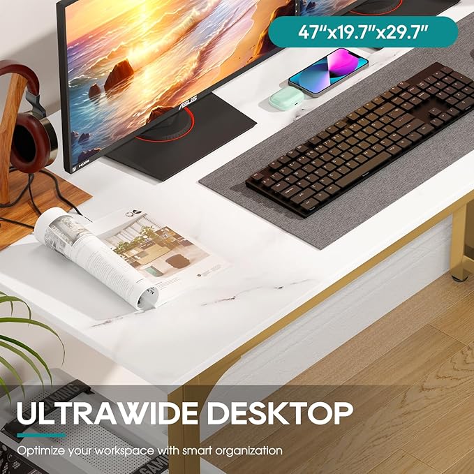 BestOffice Computer Desk,Home Office Desk, Modern Simple Style for Home Office Study Writing (Gold, 47 Inch)