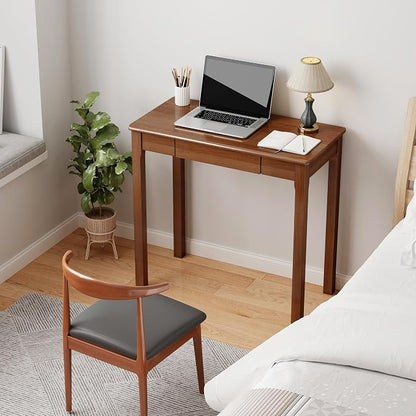 100% Solid Wood Desk with Drawers 32 x 16 Inch Mid Century Modern Narrow Desk Vintage Small Writing Wooden Desks for Small Spaces Bedroom, Living Room, Office