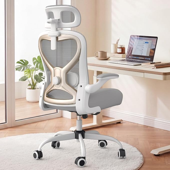 Home Office Desk Chairs, Ergonomic Office Chair with Lumbar Support & 3D Headrest, Computer Desk Chair with Flip-up Armrests, Perfect for Office or Study, Gray/Gold