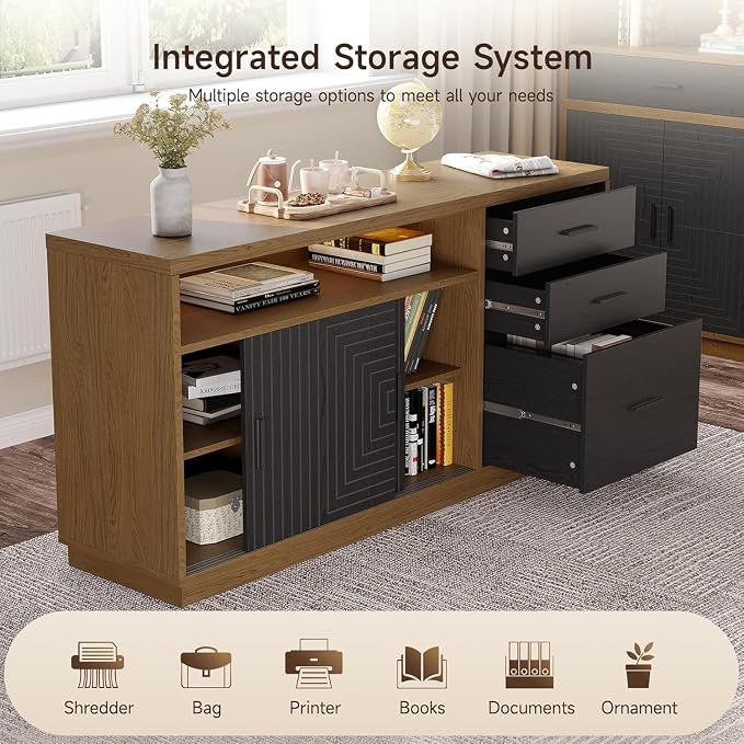 ONBRILL 55" Electric Standing Desk with 55" File Cabinet, Adjustable Height Home Office Furniture Set with Monitor Stand and 3 Drawers, Executive Workstationfor Home Office, Oak Brown