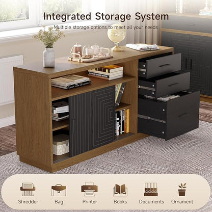 ONBRILL 55" Electric Standing Desk with 55" File Cabinet, Adjustable Height Home Office Furniture Set with Monitor Stand and 3 Drawers, Executive Workstationfor Home Office, Oak Brown