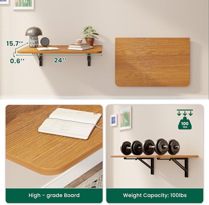 Dogsky Wall Mounted Folding Table (24x15.7 in) - 100LB Capacity Heavy Duty Wall Floating Desk, Space-Saving Workbench for Home Office, Laundry Room & Kitchen, Burlywood