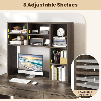 Giantex Desktop Bookshelf, Desk Hutch Dorm w/ 7 Cubes & 3 Adjustable Shelves, Desk Shelf for Up to 27" Computer Monitors, Wooden Desktop Storage Organizer for Dorm College Office Home (Grey Oak)