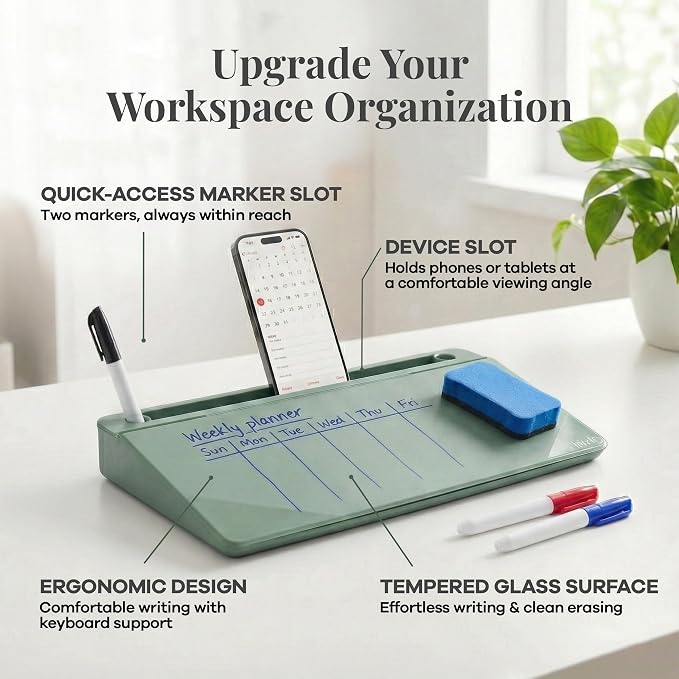 Birch Desktop Glass Whiteboard with Magnetic Weekly Calendar – Dry Erase Board, Keyboard Stand, Hidden Storage, Adjustable Dividers, 3 Markers & Eraser – Office, Home, School – Moss