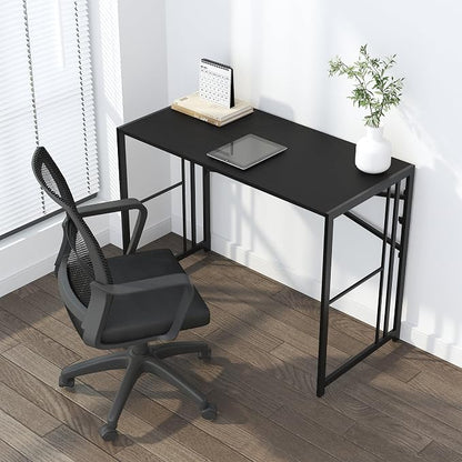 Lutown-Teen Narrow Folding Computer Desk 35 inch, Writing Gaming Computer Desk for Small Spaces, No Assembly Required Small Office Table, Black