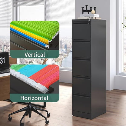 5 Drawer File Cabinet with Lock,Metal Vertical Filing Cabinets for Home Office,Heavy Duty File Storage Cabinet for Letter/Legal/A4/F4 Size File,Assembly Require (Black, Vertical 5 Drawer)