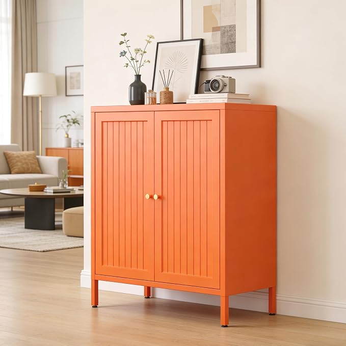 2 Door Metal Storage Cabinet-Small Bathroom Storage Cabinet with 1 Adjustable Shelf,Freestanding Sideboard for Home Office, Living Room, Hallway, Entryway(Striped Door, Orange)