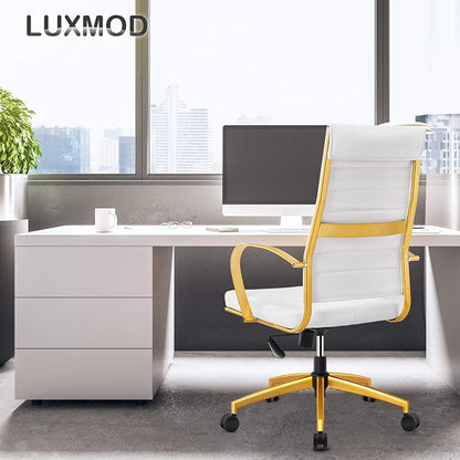 Ergonomic Office Chair, High Back Executive Chair in White Vegan Leather with Gold Accents, Adjustable Desk Chair with Back Support for Home Office(White)