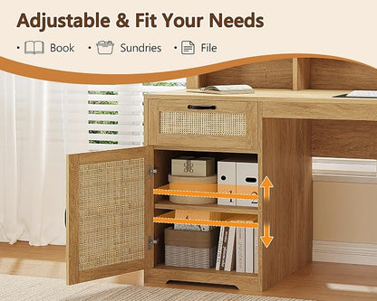 YOMILUVE 63" L Shaped Desk with Drawers, Farmhouse Corner Computer Desk with Power Outlets, Storage Cabinet, Home Office Executive Desk with Long Monitor Stand, Oak/Rattan