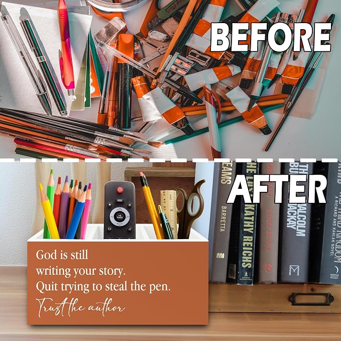 Inspirational Christian Pen Pencil Holder Organizer for Desk, God Is Still Writing Your Story Bible Verse Religious Terracotta Wooden Box Sign for Office Home Desk Tabletop Decorations